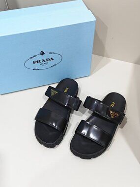 Prada Black Glossy Leather Double Strap Lug Sole Sandals